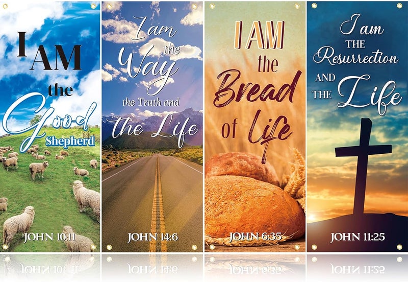 FuWeave 4 Pcs Church Banners with Scripture- I Am The Good Shepherd/way/bread/resurrection for Sanctuary Wall, Christian Praise Worship Bible Signs for Religious Festivals, Church Event, Prayers - Image 1